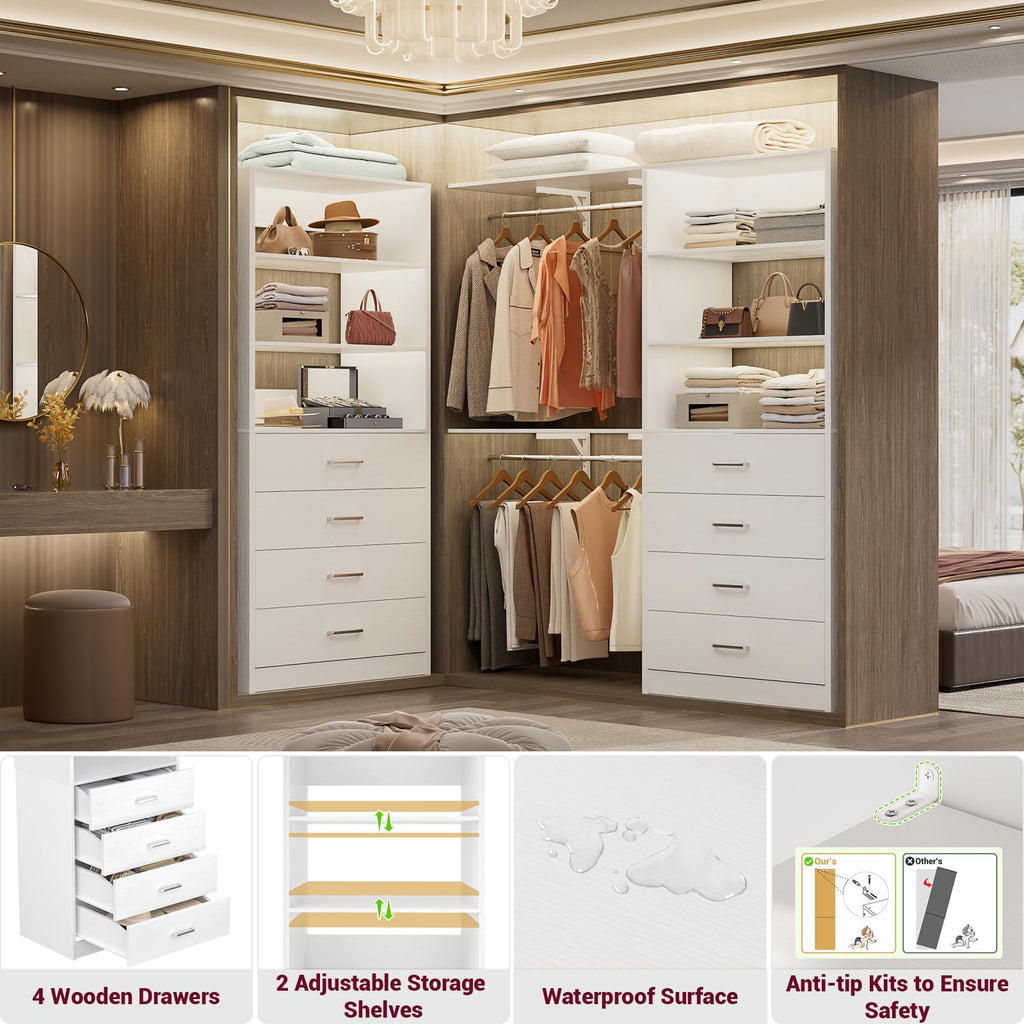 Closet Drawers System, 21.3" Wood Closet Organizer System, White