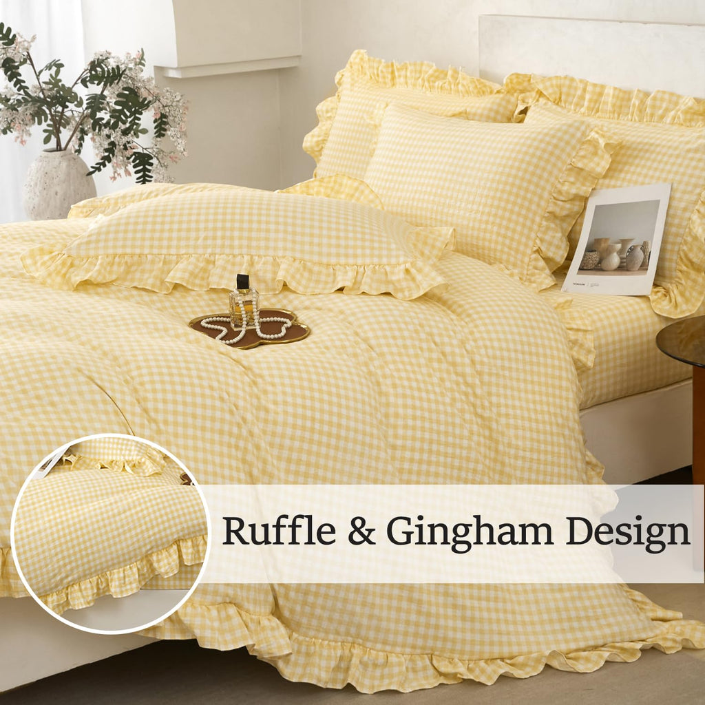 3 Pieces Yellow Plaid Gingham Ruffle Duvet Cover Set