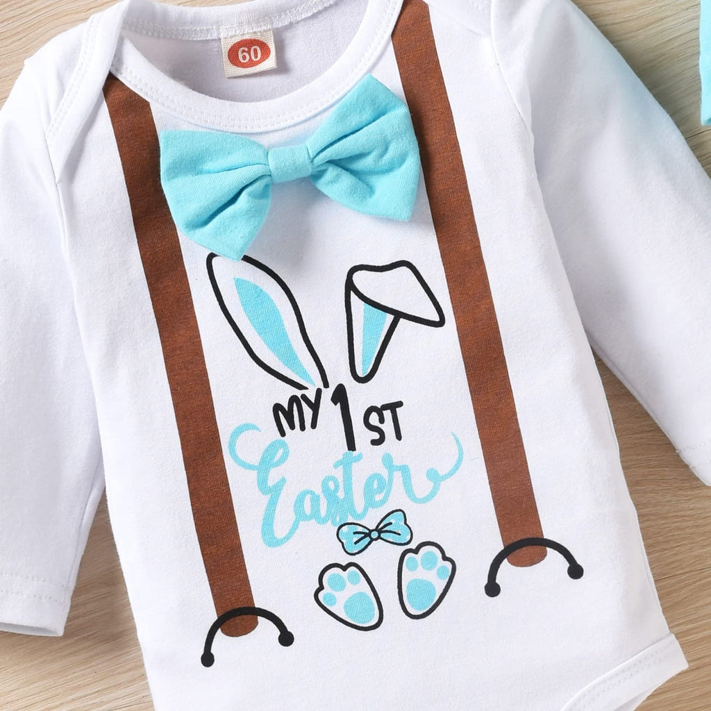 My First Easter Outfit Preemie Newborn Infant Baby Boy Long Sleeve Bow Tie Romper Bunny Pants Sets with Hat 1st