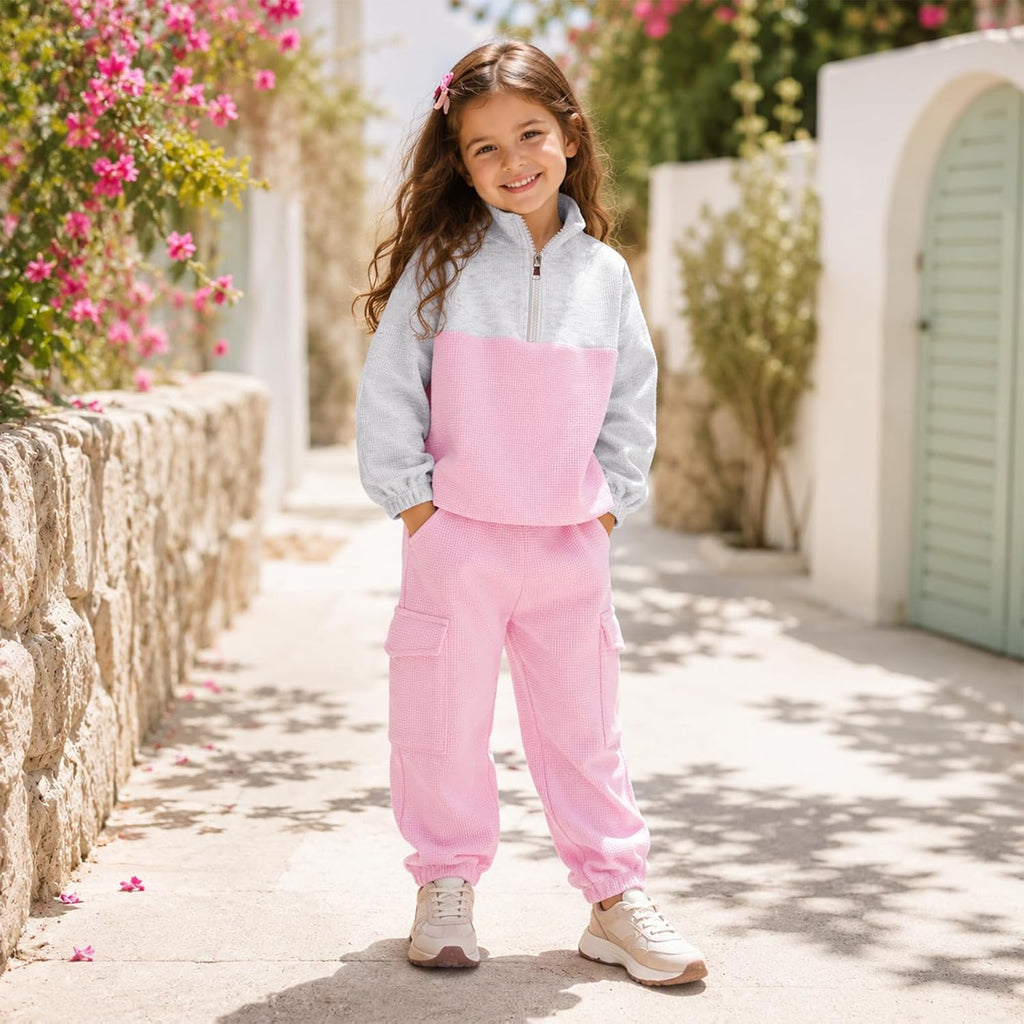 Toddler Girl Clothes Fall Outfit Half Zip Waffle Sweatshirt Cargo Pants Set