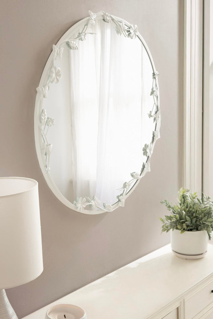 Rosella Modern Ornate Round Wall Mirror, 26 Inch Diameter, White, Circle Mirror with Floral Detailing for Use as