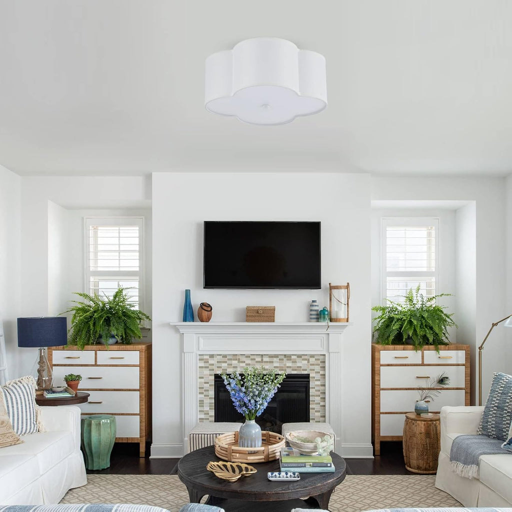 Semi Flush Mount Ceiling Light Fixture, Modern Close to Ceiling Lamp with Cream White Fabric Drum Shade Kids Room