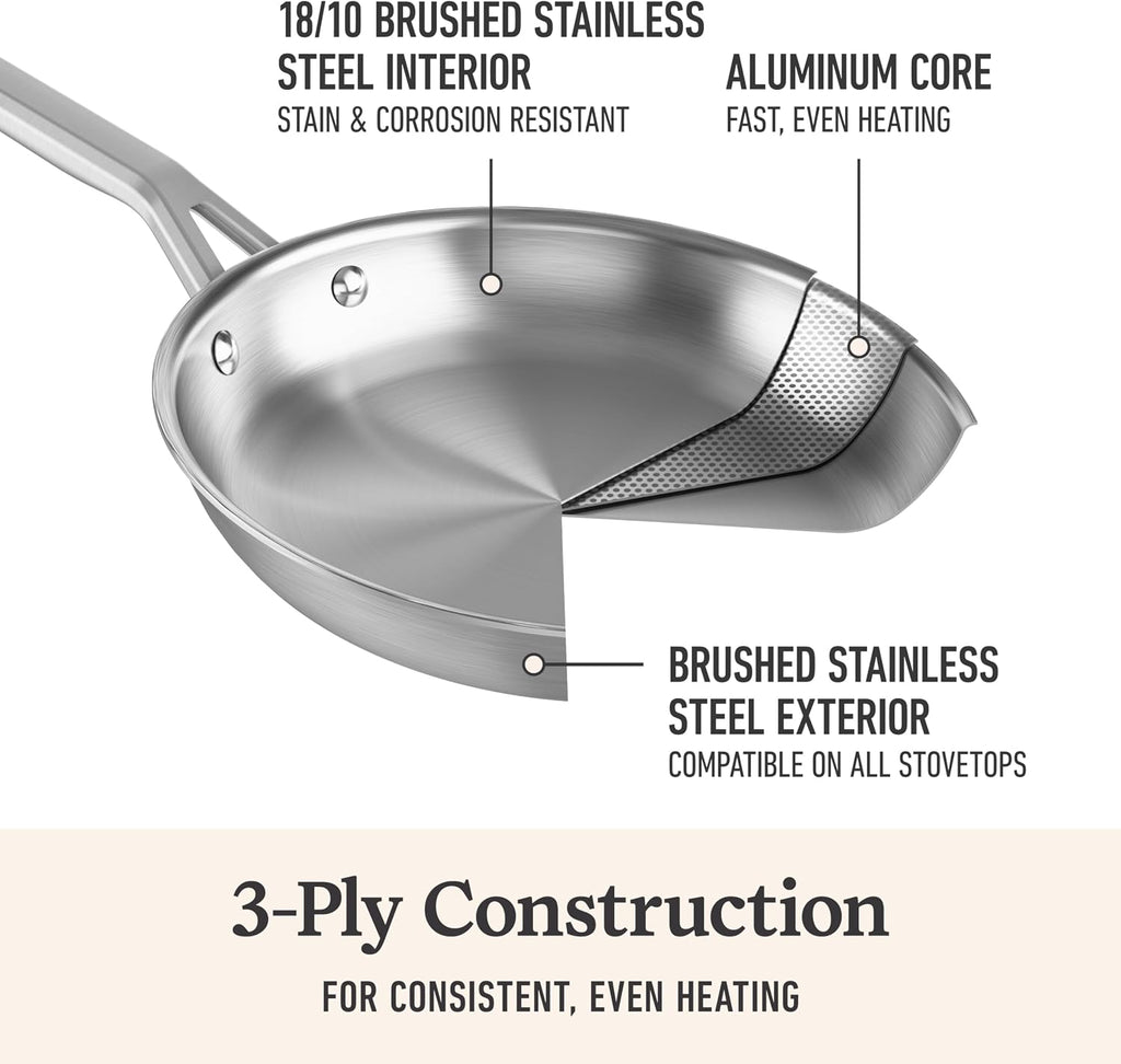 Brushed 3-Ply Stainless Steel Cookware Set w/Turbo Heat Tech 10 Piece Includes Frying Pans, Pots and Pans Set