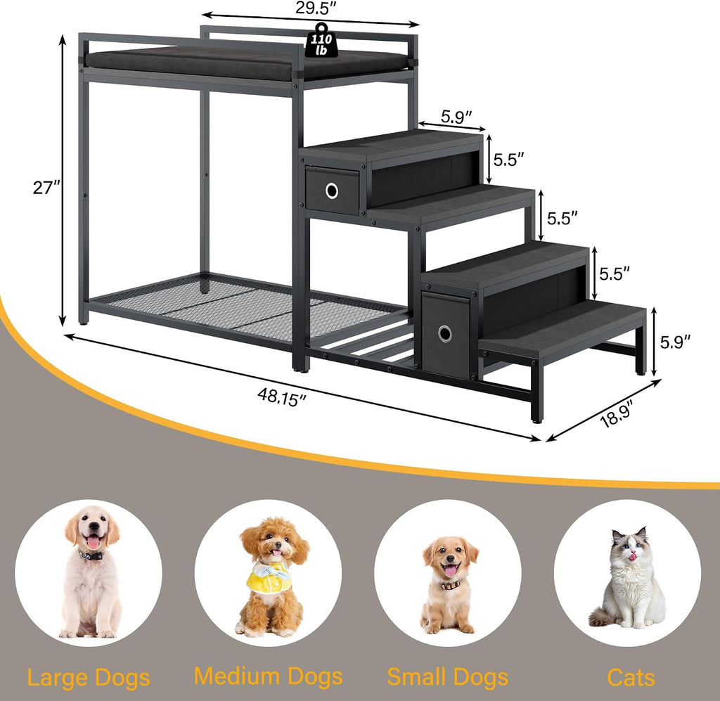 Pet Bunk Bed with Stairs and Storage, Dog Beds Attachment to Human Bed, Bedside Dogs Cot for Small, Medium Cats &