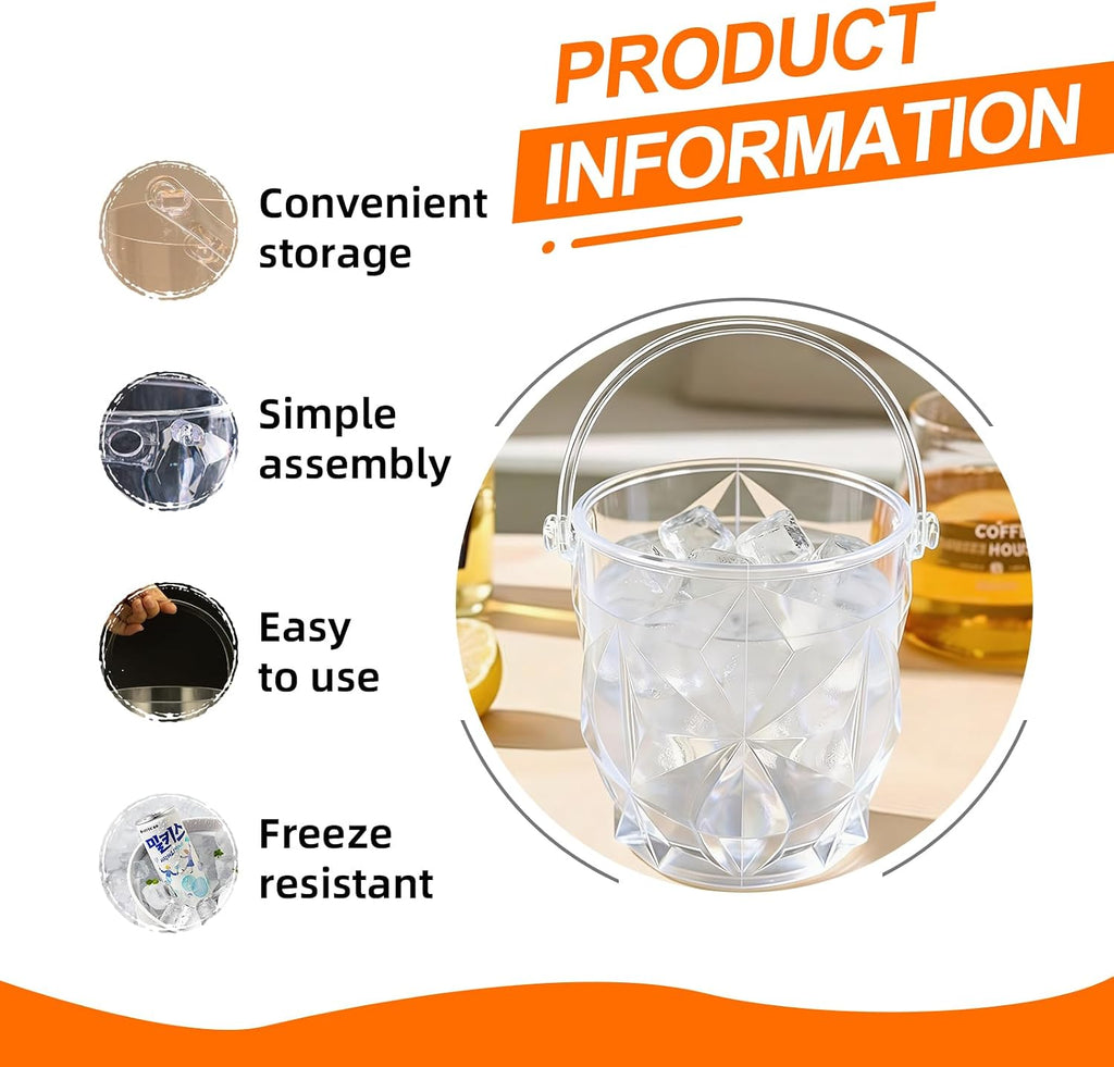 Crystal Ice Bucket with Handle & Tongs-1.1 L Plastic Clear Champagne Ice Buckets for Parties, Beer, Wine, Drinks - Set of 2