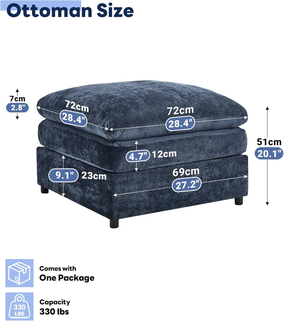 25" Chenille Ottoman, 9.5" Thick Cushion, Upholstered Footrest Modern Footstool & Bench , Blue