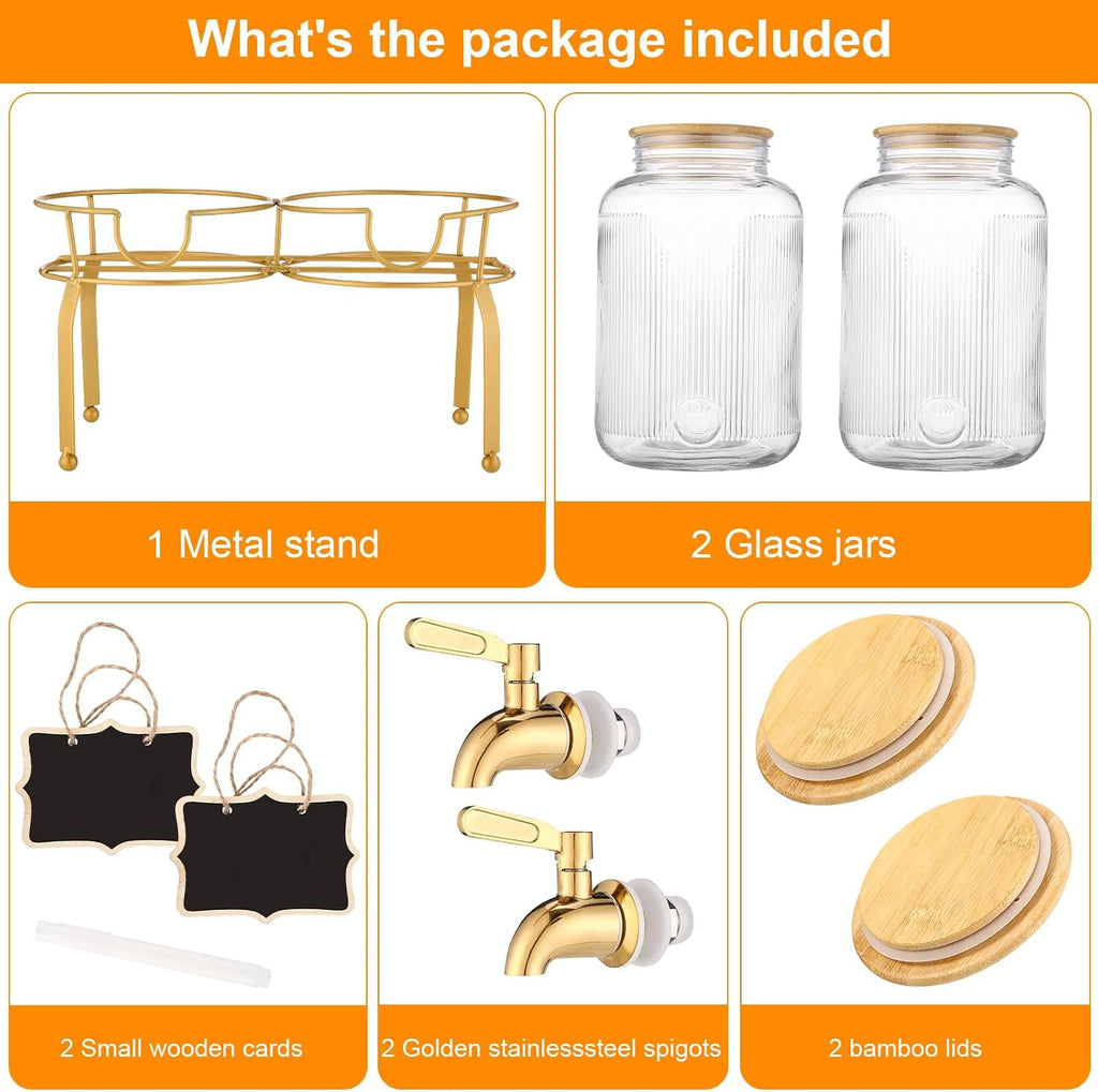 Gallon Glass Drink Dispenser with Stand, 2pack Drink Dispensers For Parties, Beverage Dispenser With Bamboo Lid - Set of 2