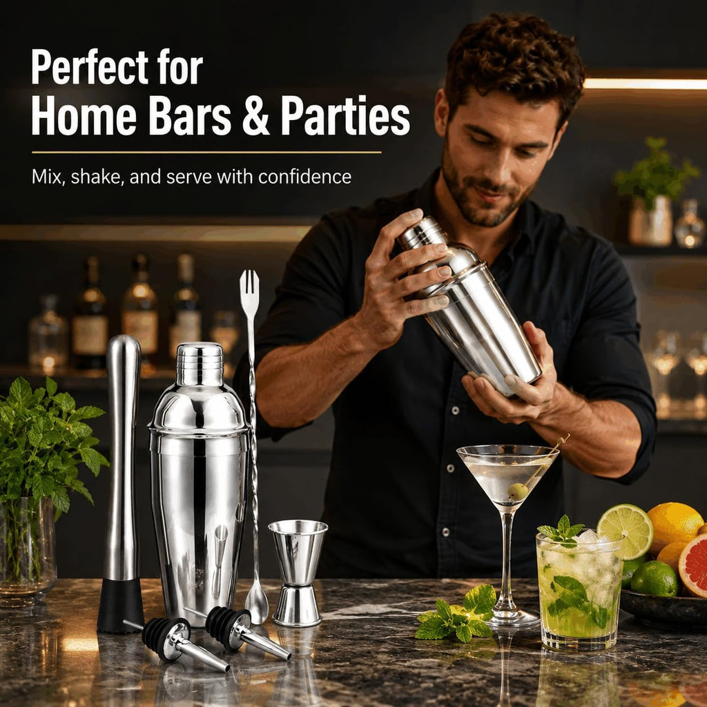 Cocktail Shaker Set, 6-Piece 18/8 Food-Grade Stainless Steel Mixology Bartender Kit - Premium Bar Tools with Muddler - Set of 6