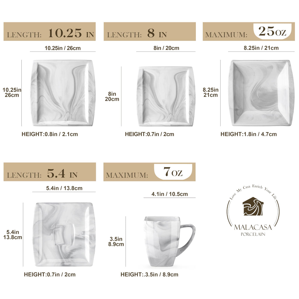 Dinnerware Sets, 30 Piece Porcelain Plates and Bowls Sets for 6, Square Dish Set with Dinner Plates Set, Cup and