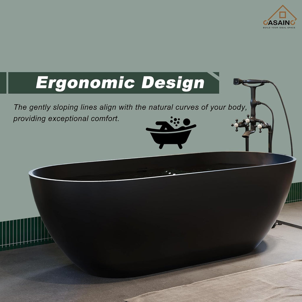 59" Free Standing Tub, Oval-Shaped Stone Resin Freestanding Bathtub Matte Black Solid Surface Soaking Tub with Drain