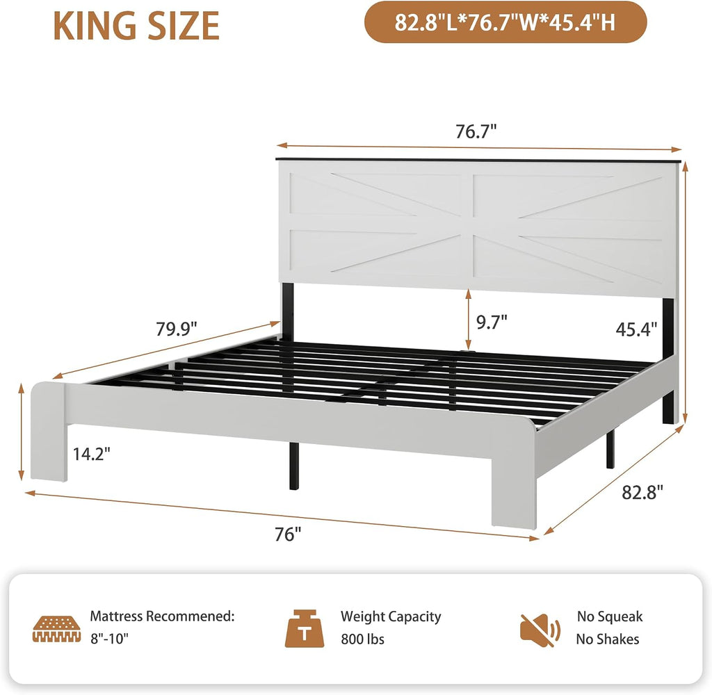 Farmhouse King Wooden Bed Frame with Headboard, Boho Platform Bedframe, Sturdy Metal Slats Support, No Box Spring