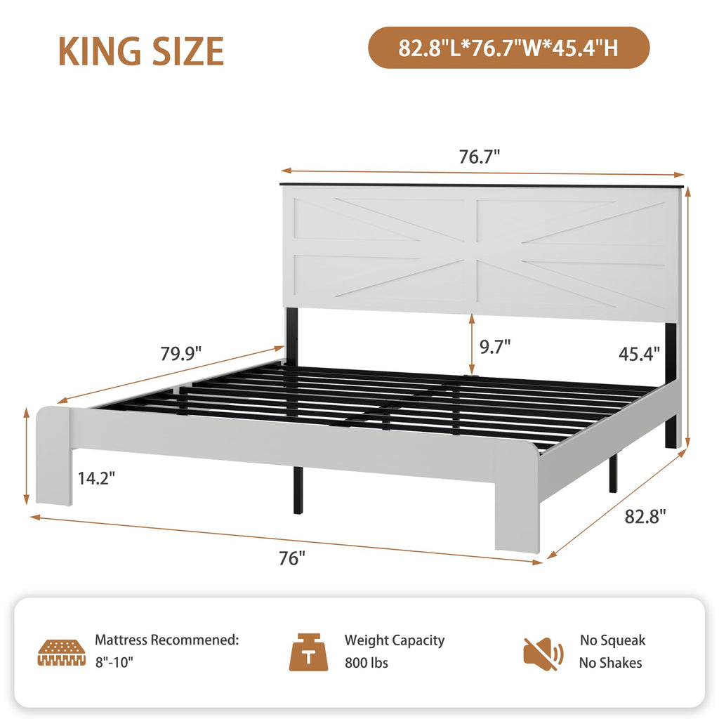 Farmhouse King Size Bed Frame with Barn Door Headboard, Boho White Wooden Platform Bed with Strong Metal Slat