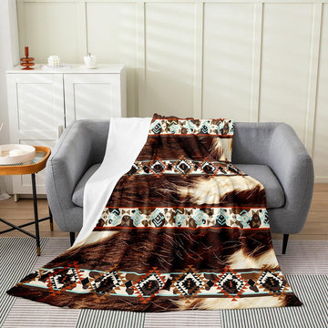 Western Plush Throw Blanket Cowhide Cow Print Retro Fur Flannel Blanket Throw 50"x60" Boho Rustic Farmhouse All