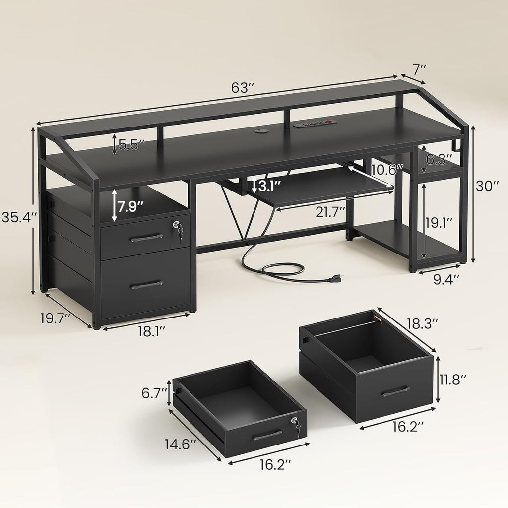 63" Computer Desk, Office Desk with Lockable Drawers for Legal/Letter File, Gaming Desk with LED Lights & Power