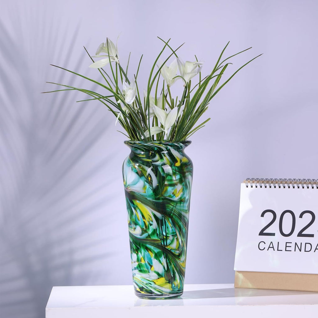 Green Hand Blown Glass Vase - Tall Speckled Decorative Centerpiece in Murano Style for Dining Table, Coffee Table