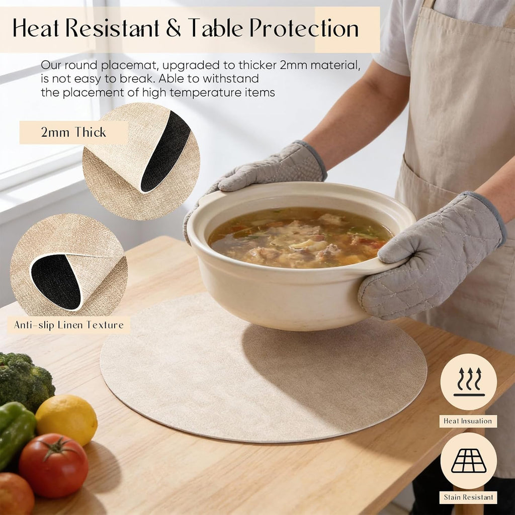 Placemats Round Faux Leather Placemats Dual-Sided Table Mats Heat Resistant 13'' Wipeable Dining Place - Set of 10
