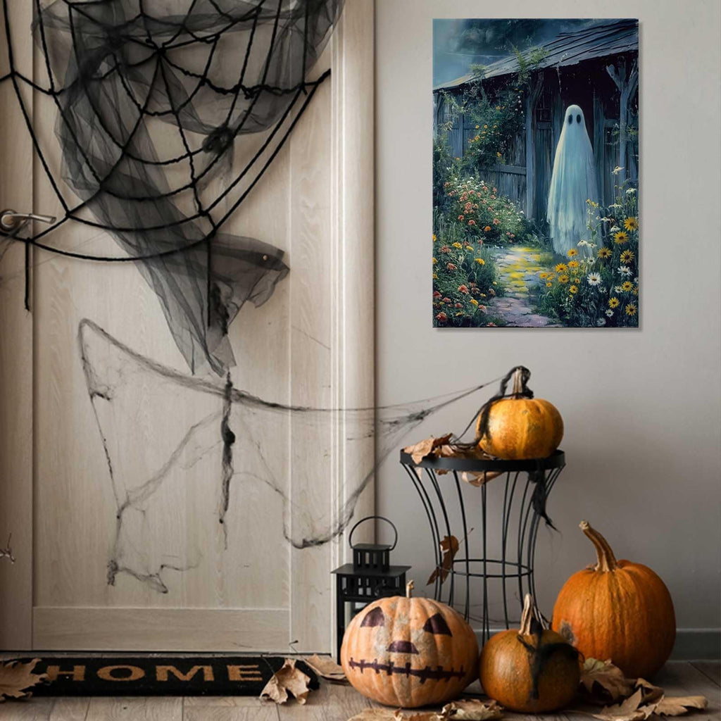 Retro White Ghost Posters Funny Cute Horror Scary Wall Art A Ghost Stands At The Door Of The House Prints Painting