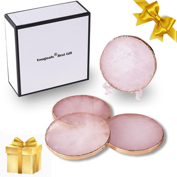 Rose Quartz Coaster Single with Stand (4 PCS), Pink Round Agate Coaster for Drinks, Natural Rose Crystal Stone with