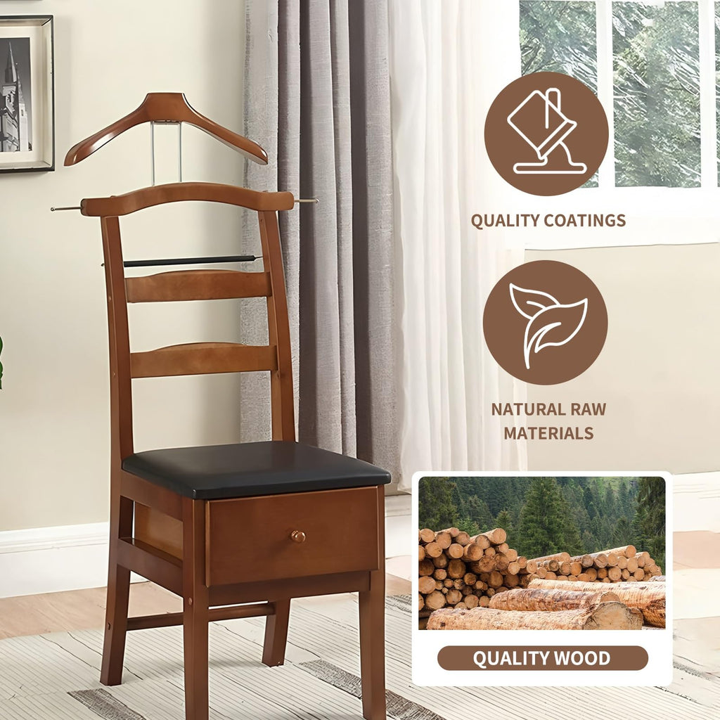 Chair Valet with Drawer and Tray for Men Women's Clothes, Watches Keys Wooden Suit Rack Valet Stand, with Contour