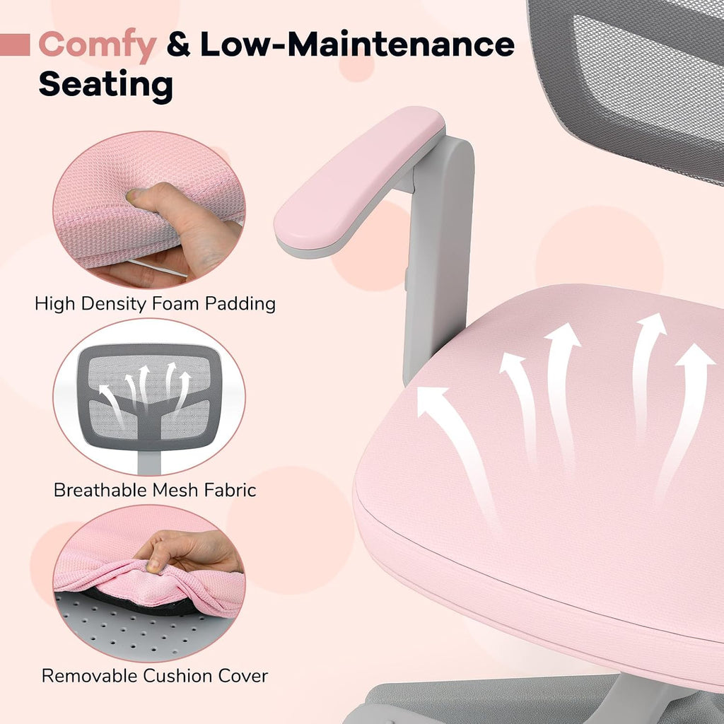 Kids Desk Chair, Ergonomic Study Chair with Footrest, Flip-up Armrest, Wheels, Adjustable Height Mesh Student Chair