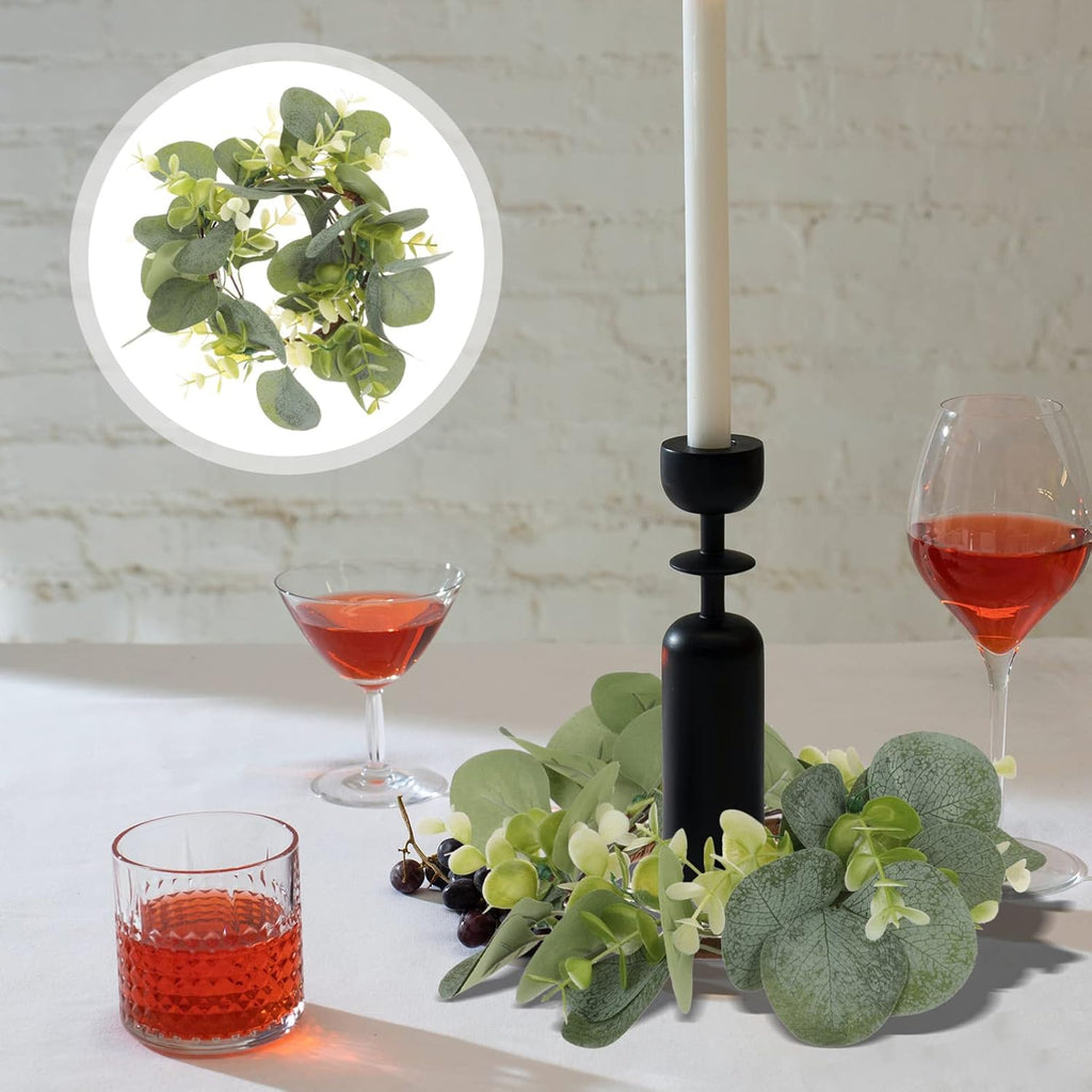 Artificial Wreath Candle Holders Eucalyptus Leaf Decorative Tabletop Ornaments Party and Wedding Decor No - Set of 2