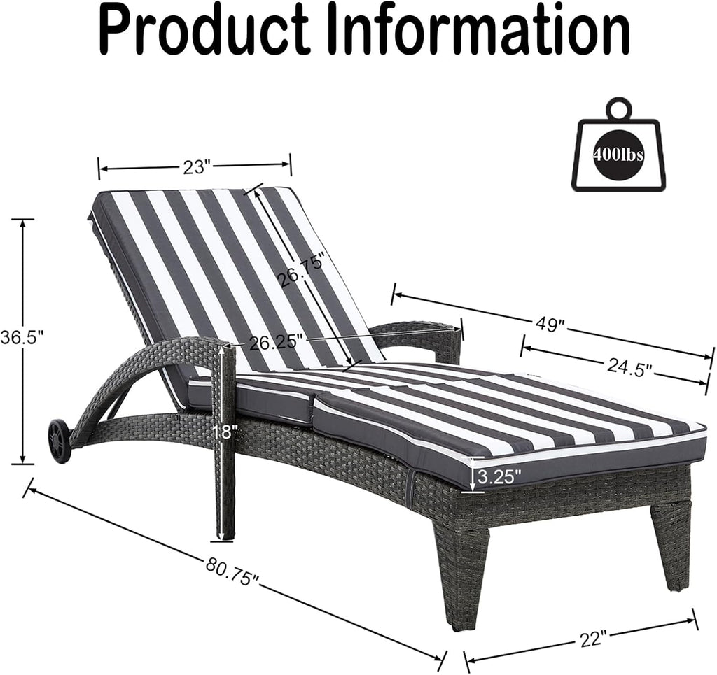 Patio Chaise Lounge Set of 2, Wicker Lounge Chairs Outdoor with Wheels, Wicker Chaise Lounges with Armrests All