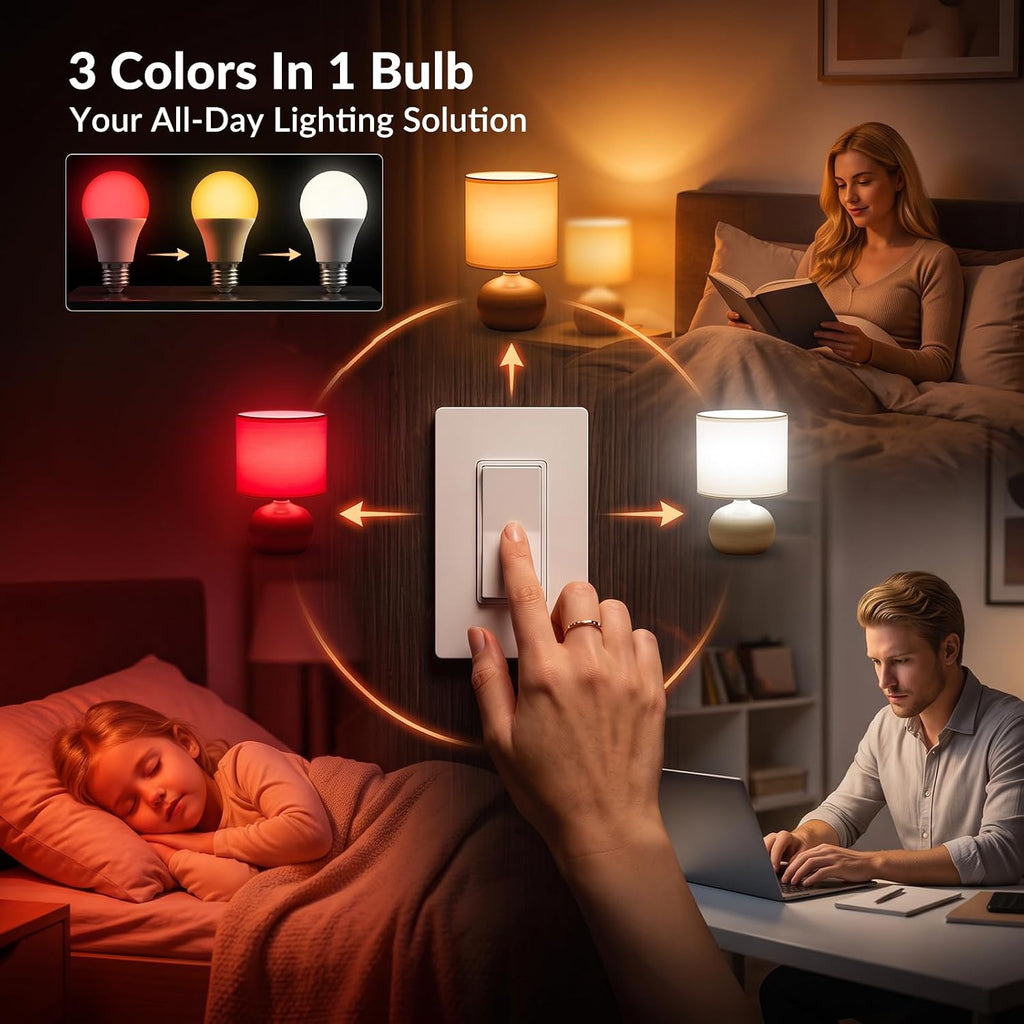 E26 7W A19 Block Blue Light Sleep Light Bulb, 625nm Red Light Melatonin-1800K Amber Light-4000K Natural Daylight, LED