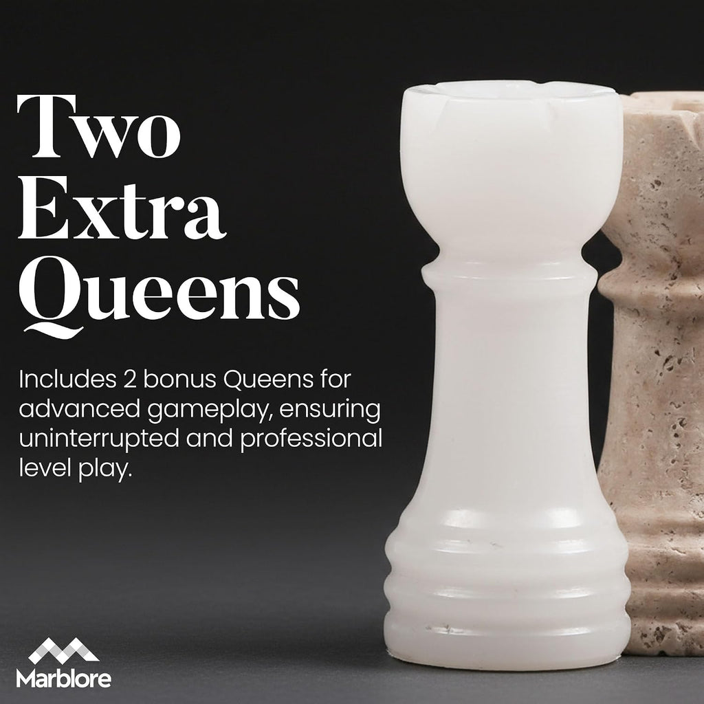 Marble Chess Set 10 Inch Handmade White & Travertine Chess Board with & 2 Extra Queens, Classic 2 Player - Set of 32