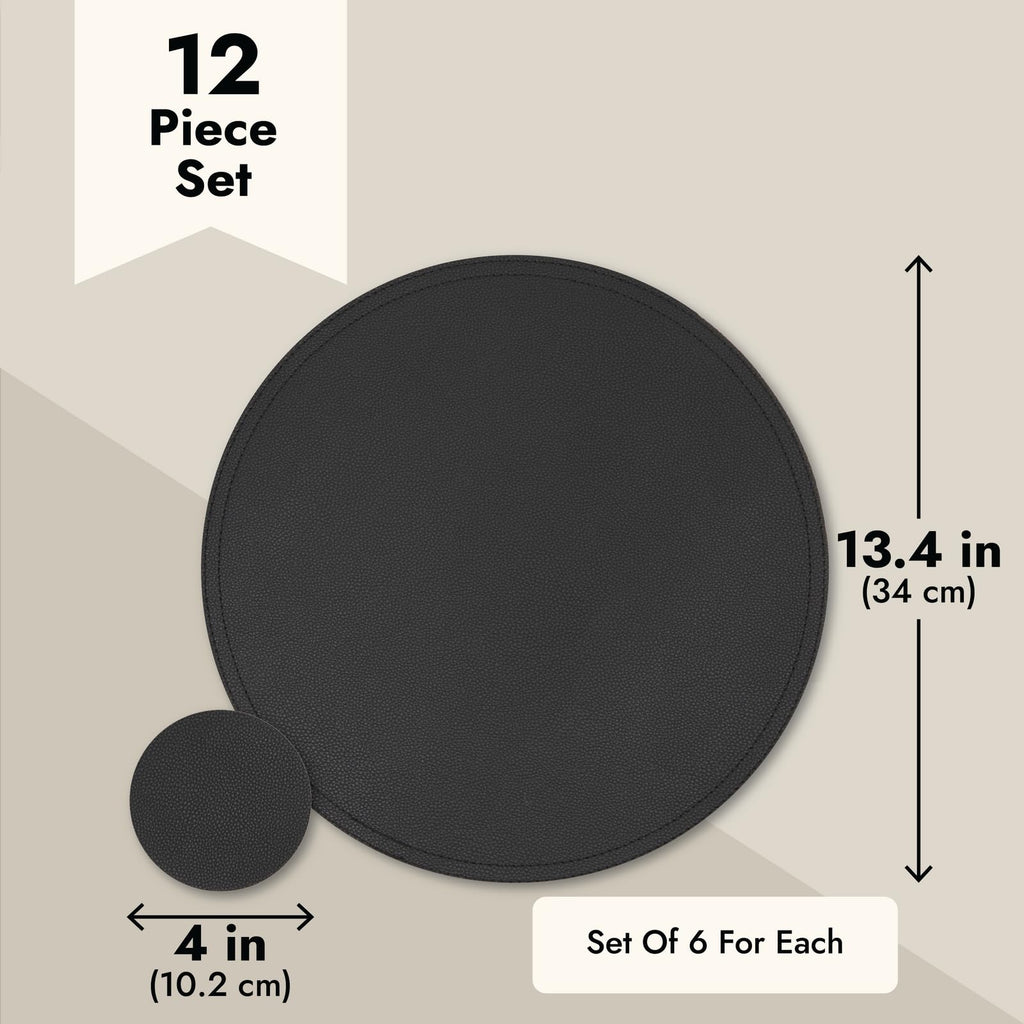 Round Vegan Leather Table Placemats & Coasters - Waterproof & Heat-Resistant Dining Table Decor - Easy Wipe-Clean