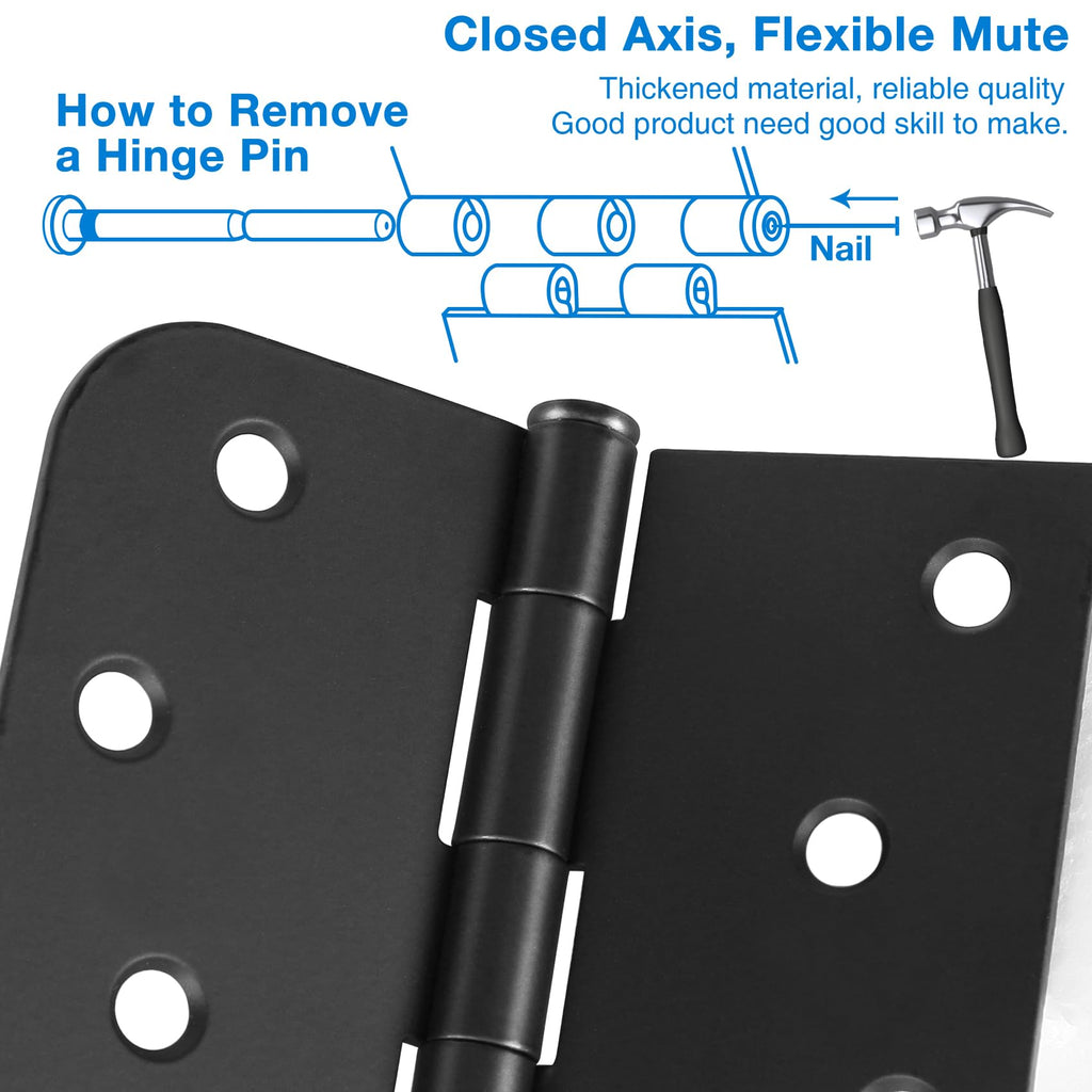 Matte Black Door Hinges 4 Inch Square Rounded 5/8" Radius 6 Pack