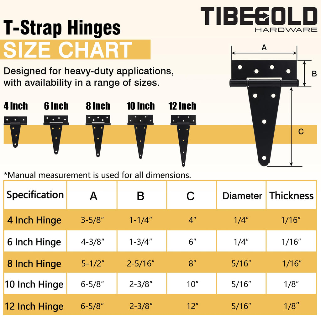 4 Inch T-Strap Gate Hinges, Heavy Duty Shed Door Hinges, Black Tee Hinges for Wooden Fences, Yard Gates, Rustproof