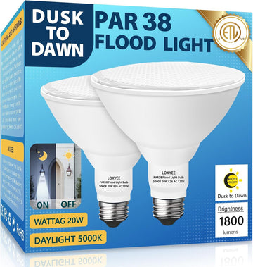 2 Pack LED PAR38 Dusk to Dawn Flood Light Bulbs Outdoor,20W(200W Equivalent) E26 Base Flood Light Bulbs,5000K
