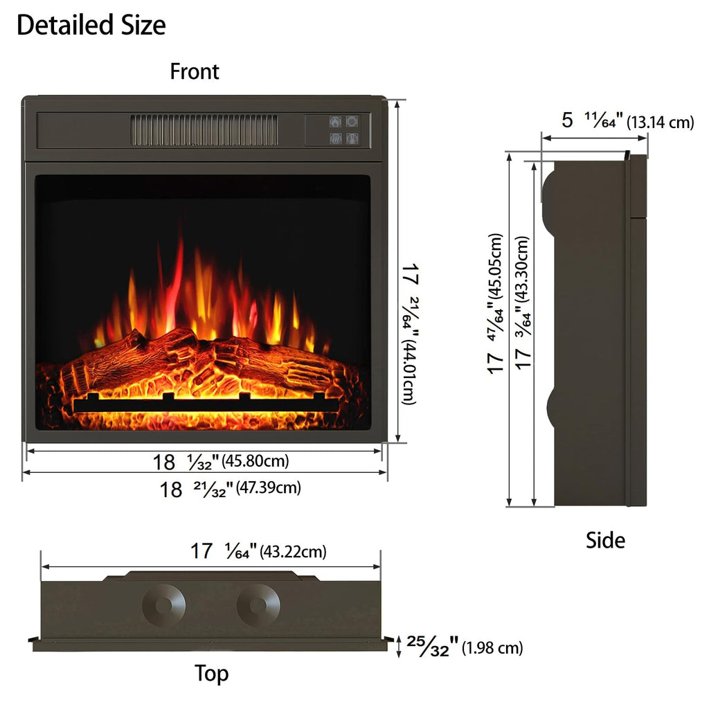 18" Electric Fireplace Insert, Recessed Fireplace Heater with Low Noise, Remote Control with Timer, Touch Screen