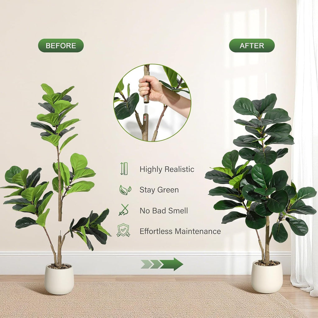 4FT Artificial Fiddle Leaf Fig Tree with White Planter - Realistic Faux Ficus Lyrata Trees with 48 Leaves, Indoor