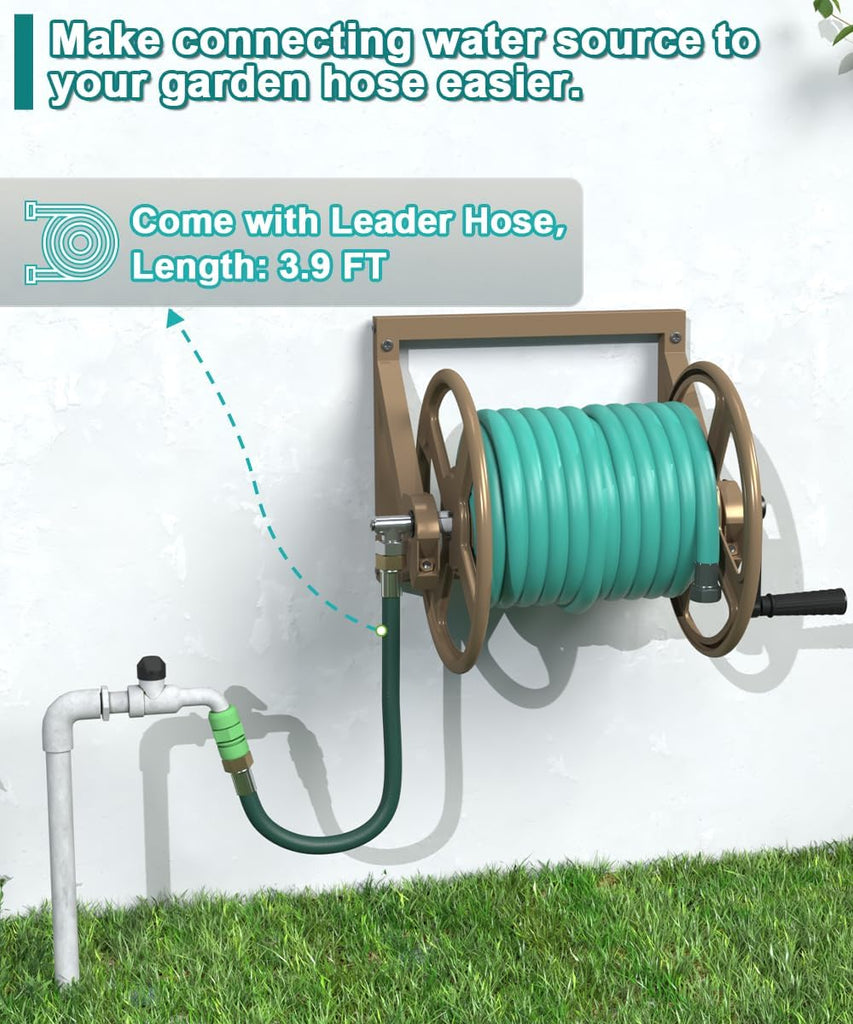 Garden Hose Reel Wall Mounted, Outdoor Heavy Duty Powder Coated Metal Water Hoses Holder Winder Holds 125 ft 5/8"
