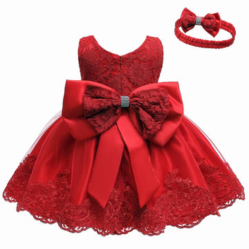 Red Christmas Dress Baby Girl Big Bowknot Lace Dress Toddler