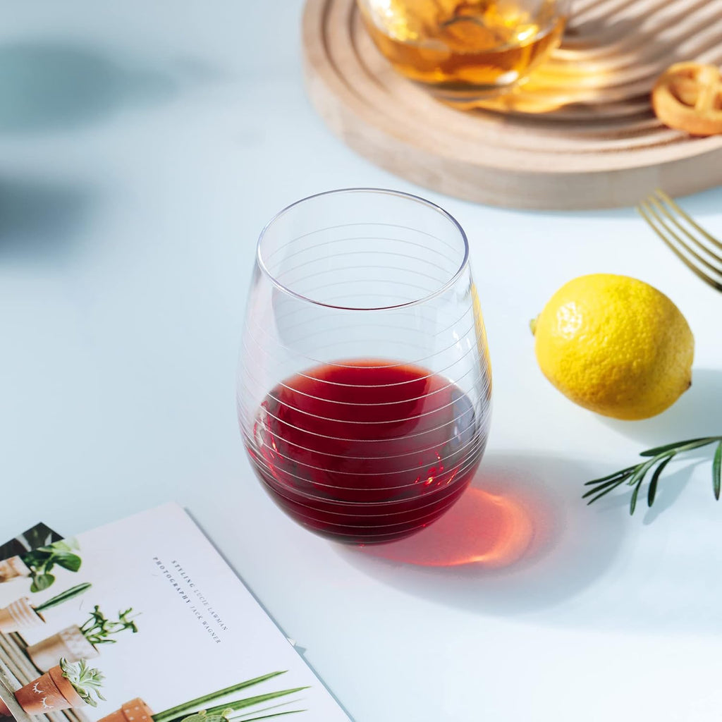 Hand Blown Etched Stemless Wine Glasses with Dots Strips Pattern for Red Wine,Large Carved Drinking Glass Cups