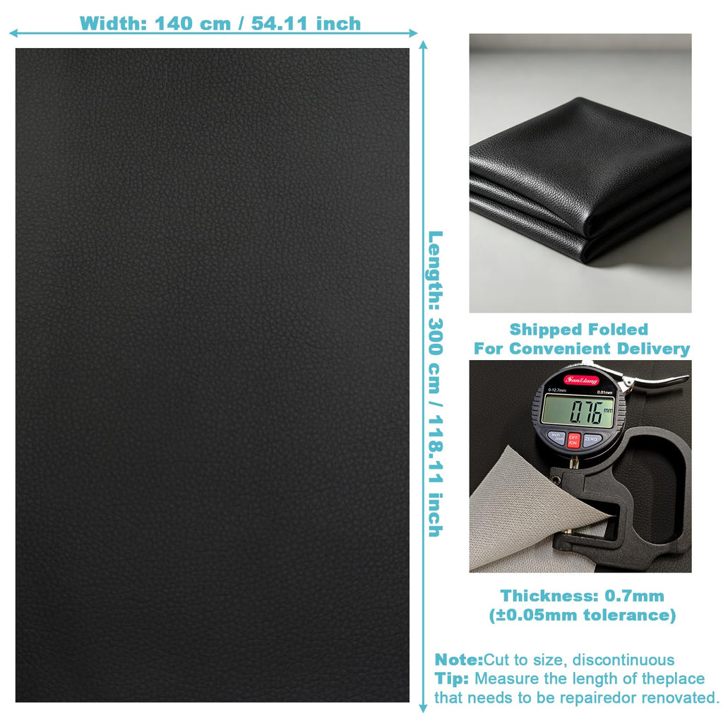 Black Faux Leather Fabric 118"×55" Lychee Grain Upholstery Vinyl