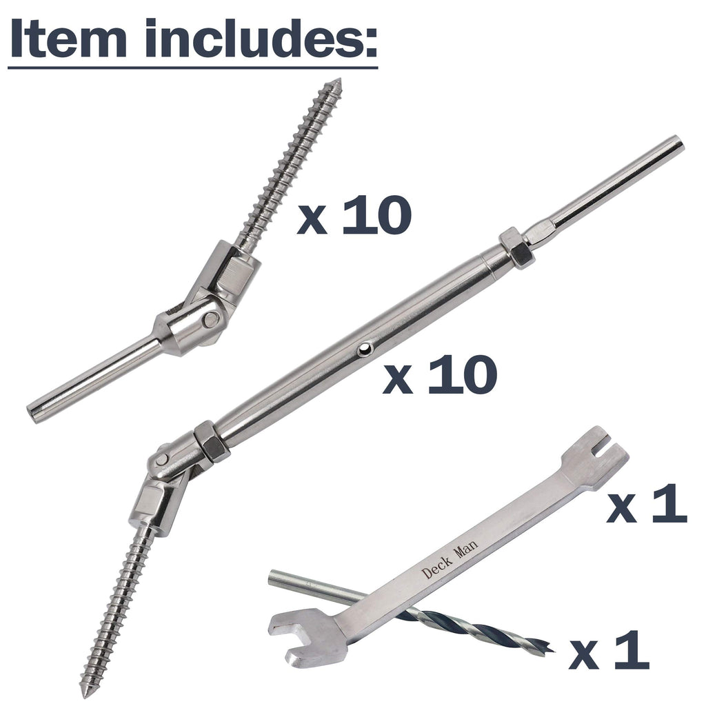 1/8 inch T316 Stainless Steel Adjustable Angle Single-Screw Cable Railing Kit/Hardware for Wood Posts, Marine Grade