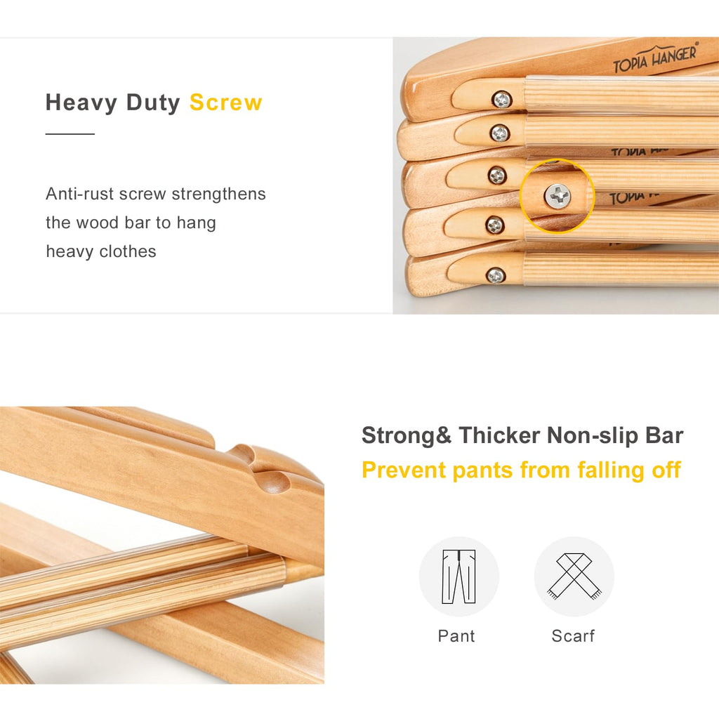 Premium Wooden Hangers with Extra Thick Hook and Non Slip Pants Bar, Luxury Suit Hangers for Closet with Notches for
