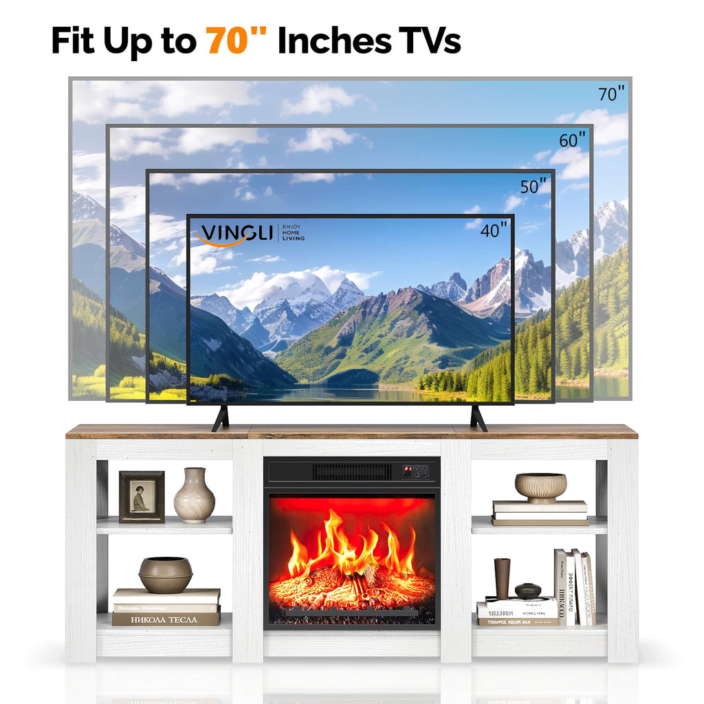 58" Fireplace TV Stand with 4 Adjustable Shelves, White & Barnwood