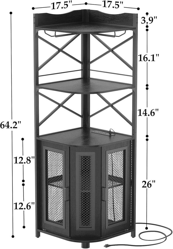 Corner Bar Cabinet with Power Outlet, Industrial Liquor Cabinet | 5-Tiers Wine Cabinet Mini Bar Unit with LED Strip
