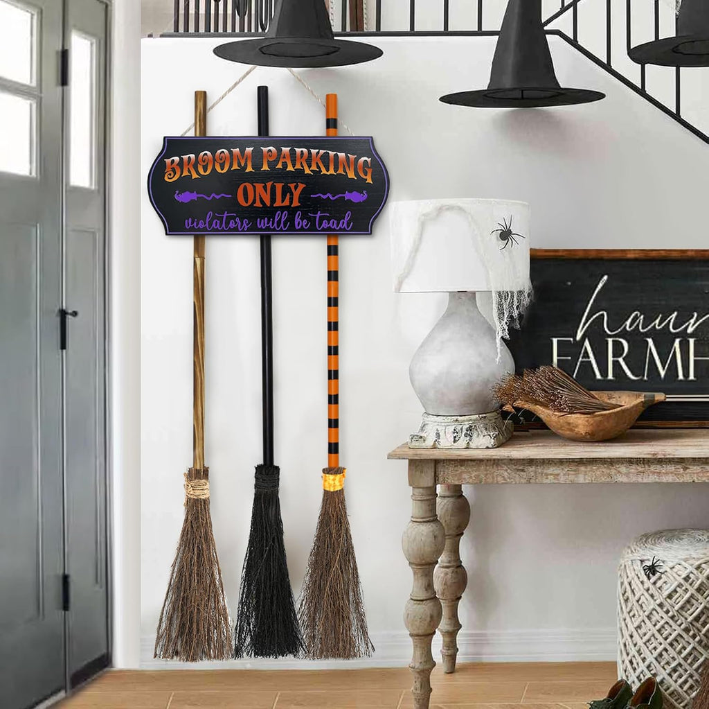 Halloween Decorations - Broom Parking Sign with 3 Wooden Witches Brooms - Set of 4
