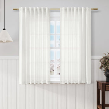 Ivory Linen Sheer Curtains 54 Inch Length 2 Panel Set Back Tab Rod Pocket Semi Sheer Light Filtering Short Curtain