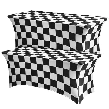 2 Pack 6ft Rectangular Spandex Tablecloth, Black White Checkered