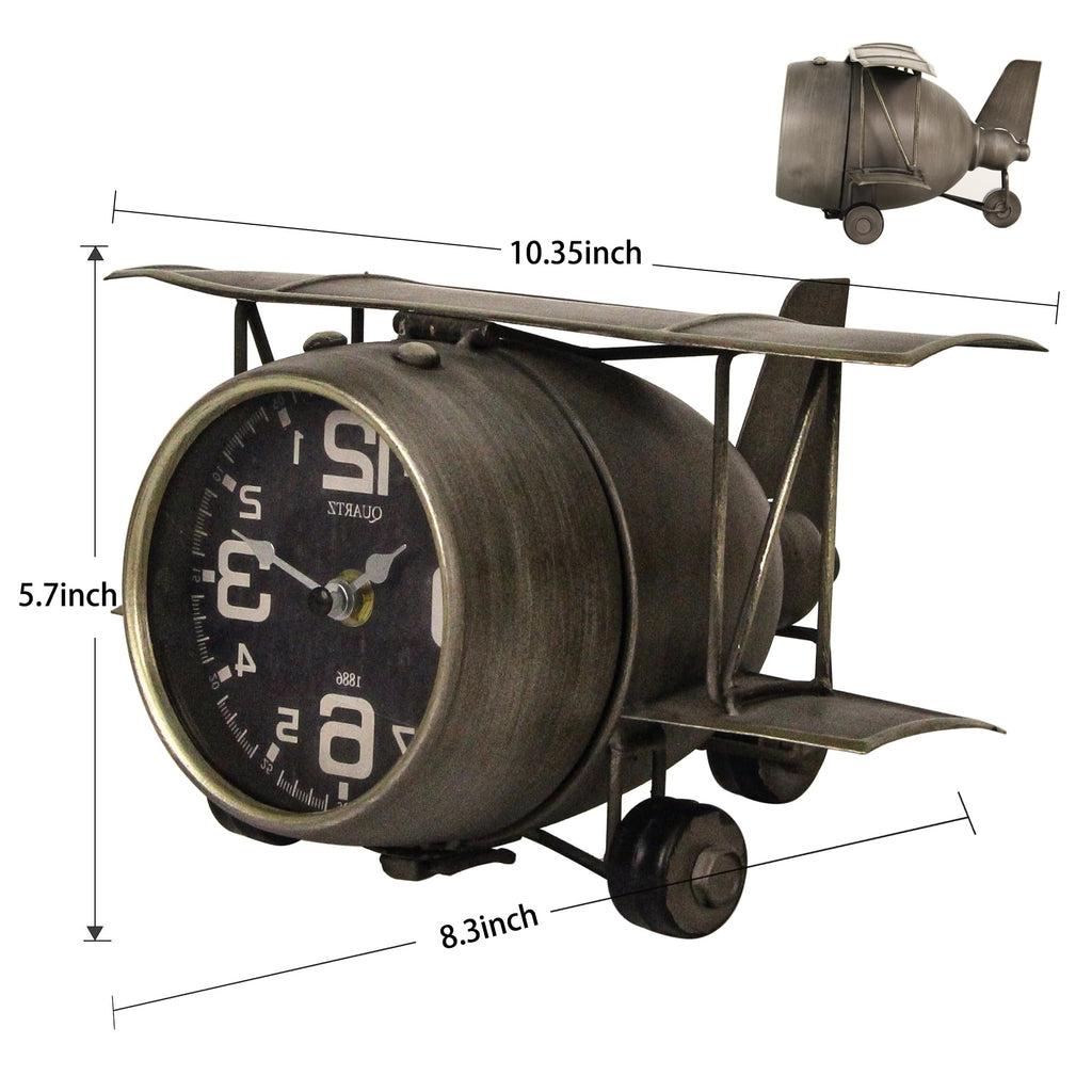 Airplane Metal Tabletop Clock Industrial Home Decor Accents for the Mantel, Shelf, Desk, or Any Table Top, Battery