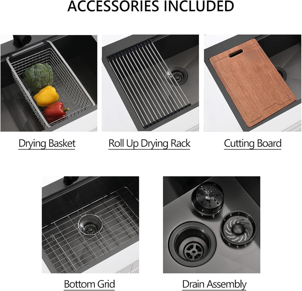 33 Black Drop in Workstation Kitchen Sink, 16 Gauge 33x22x10 Inches Black Stainless Steel Kitchen Sinks Topmount