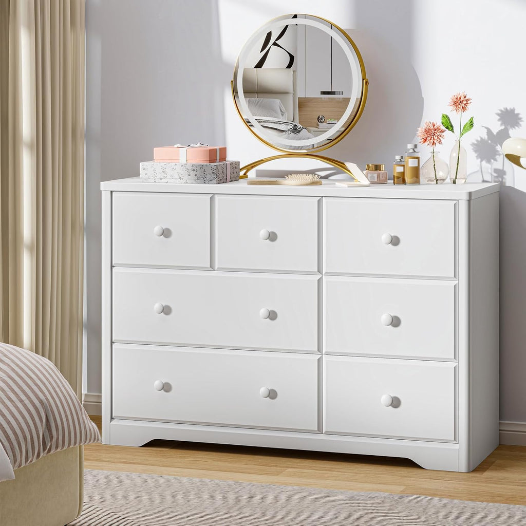7 Drawers Dresser Cabinet, Kids & Nursery Storage Chest, Multi-Functional Wood Large Chest of Drawers, White Dresser