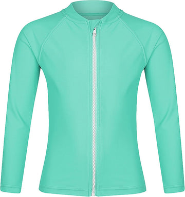 Girls Long Sleeve Swim Shirt UPF 50+ Rash Guard One Piece Zipper Swim Shirt