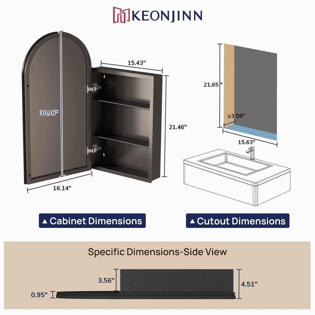 Black Medicine Cabinet with Mirror 16"x30", Arched Wall Cabinet